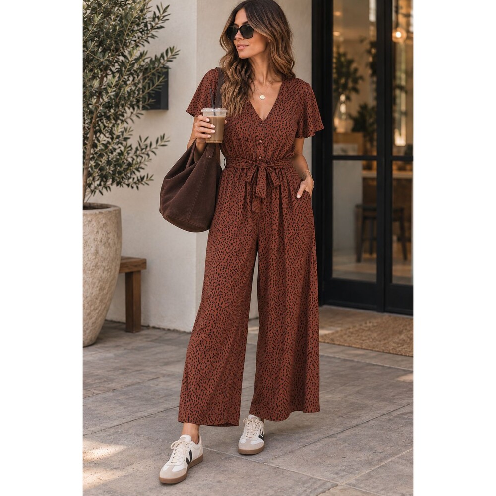 Rails Jet Jumpsuit Womens L Rust Animal Print Wide Leg Belted V Neck Boho